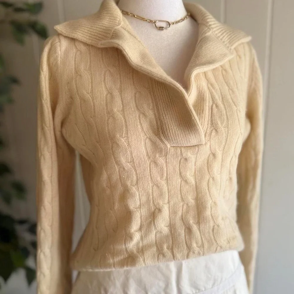 Evelyn Grace Cashmere Cable Knit V-Neck Sweater Cream Women's Size Medium